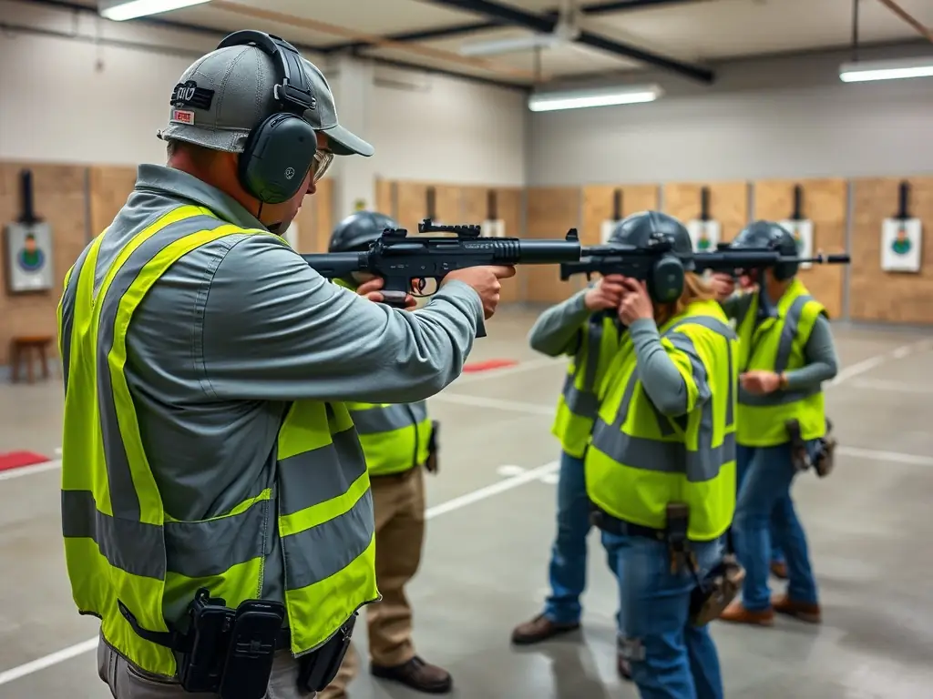An instructor guiding a group of trainees in a shooting range, with focus on safety procedures, emphasizing the importance of safety and technique in shooting sports.