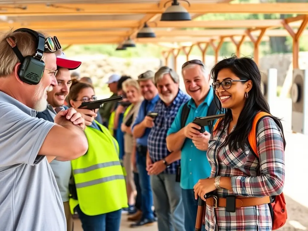 A photograph capturing a group of diverse individuals participating in an inclusive shooting activity, promoting social cohesion and community engagement. The setting is a welcoming and accessible environment.