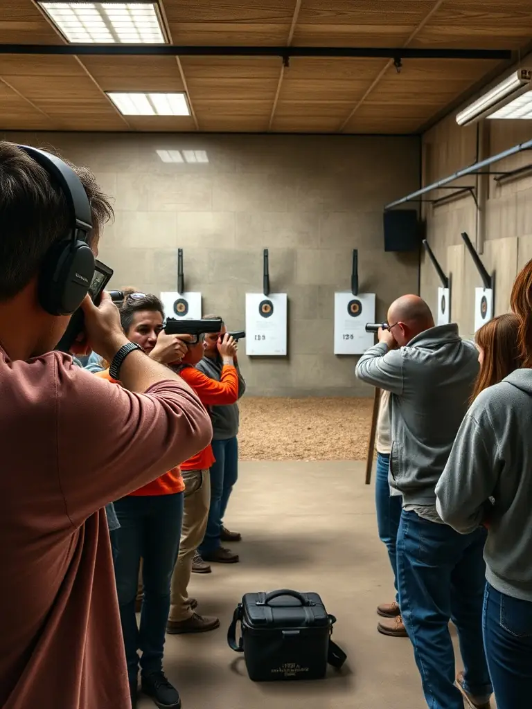 A focused image of participants in a training stage, highlighting the instructor demonstrating proper shooting techniques at a local shooting range.