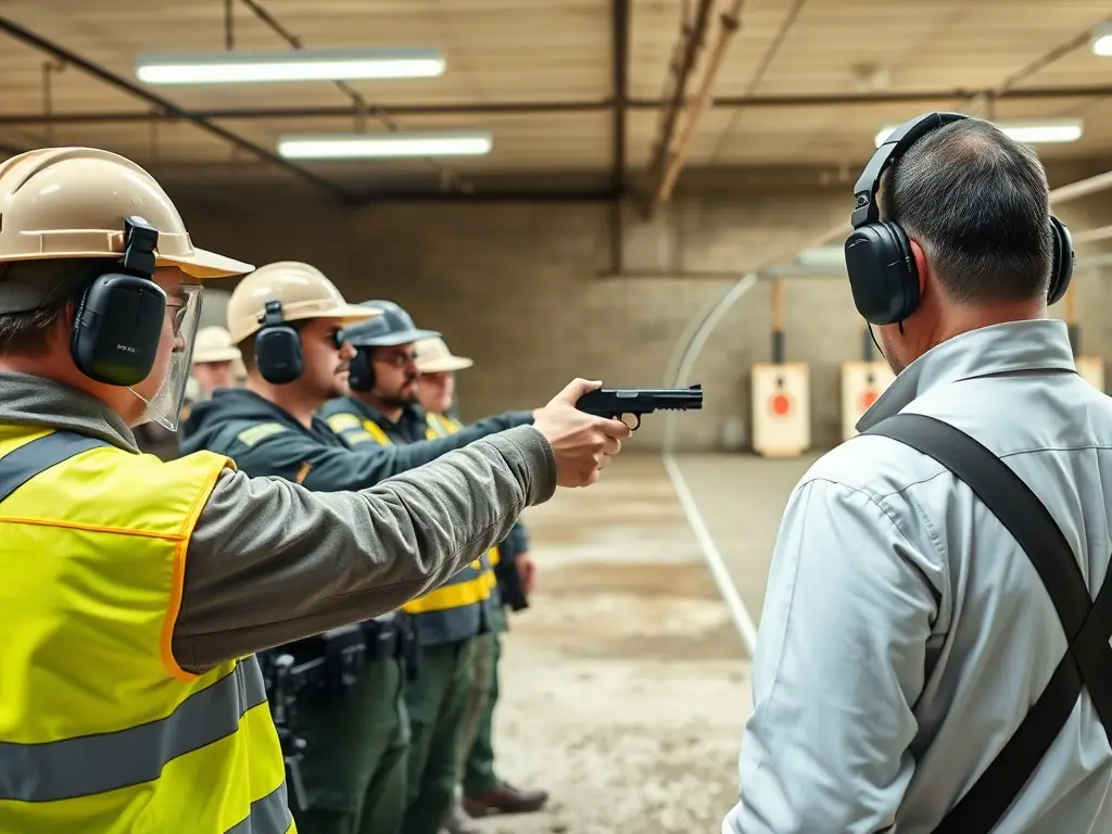 An instructor guiding a group of trainees in a shooting range, with focus on safety procedures, emphasizing the importance of safety and proper technique in all training programs offered by COMITE DEPARTEMENTAL DE TIR DU CHER.