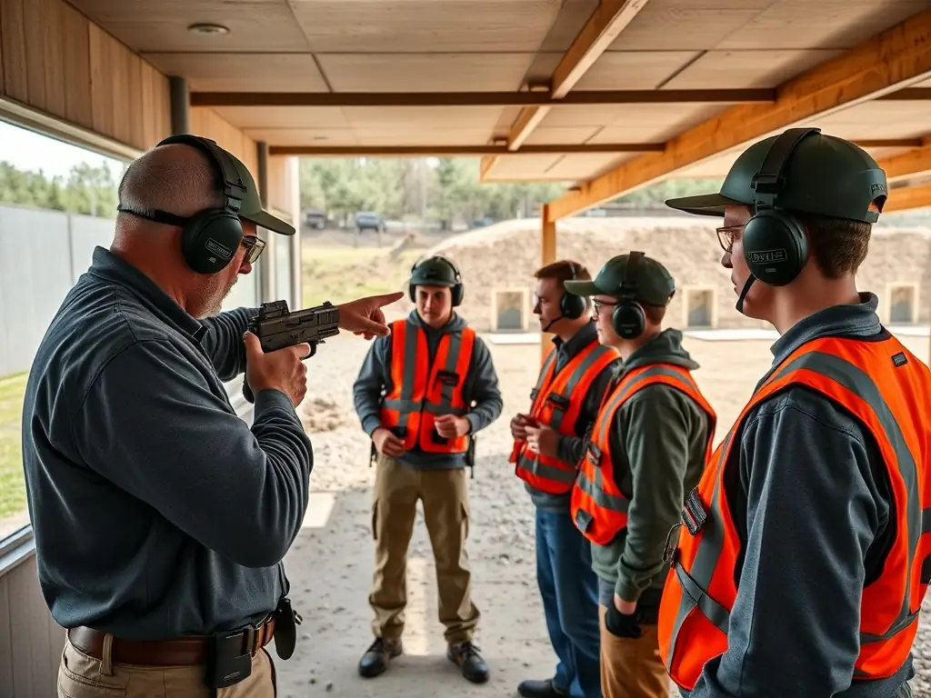 An image depicting instructors leading a training stage, emphasizing the importance of safety, technique, and discipline. The setting is a classroom and shooting range.