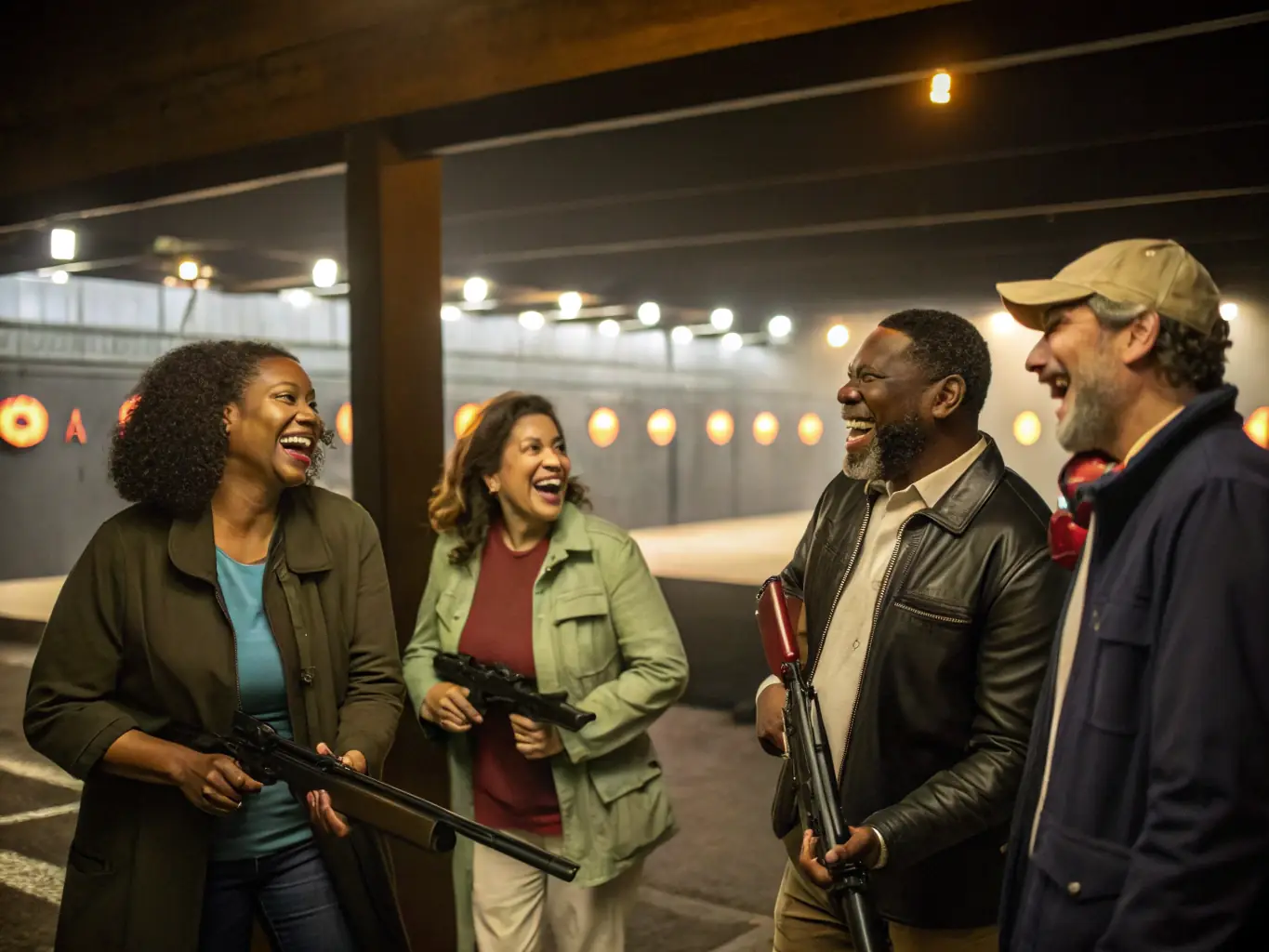 A diverse group of community members participating in an inclusive shooting activity outdoors, highlighting the organization's commitment to social inclusion and community engagement.
