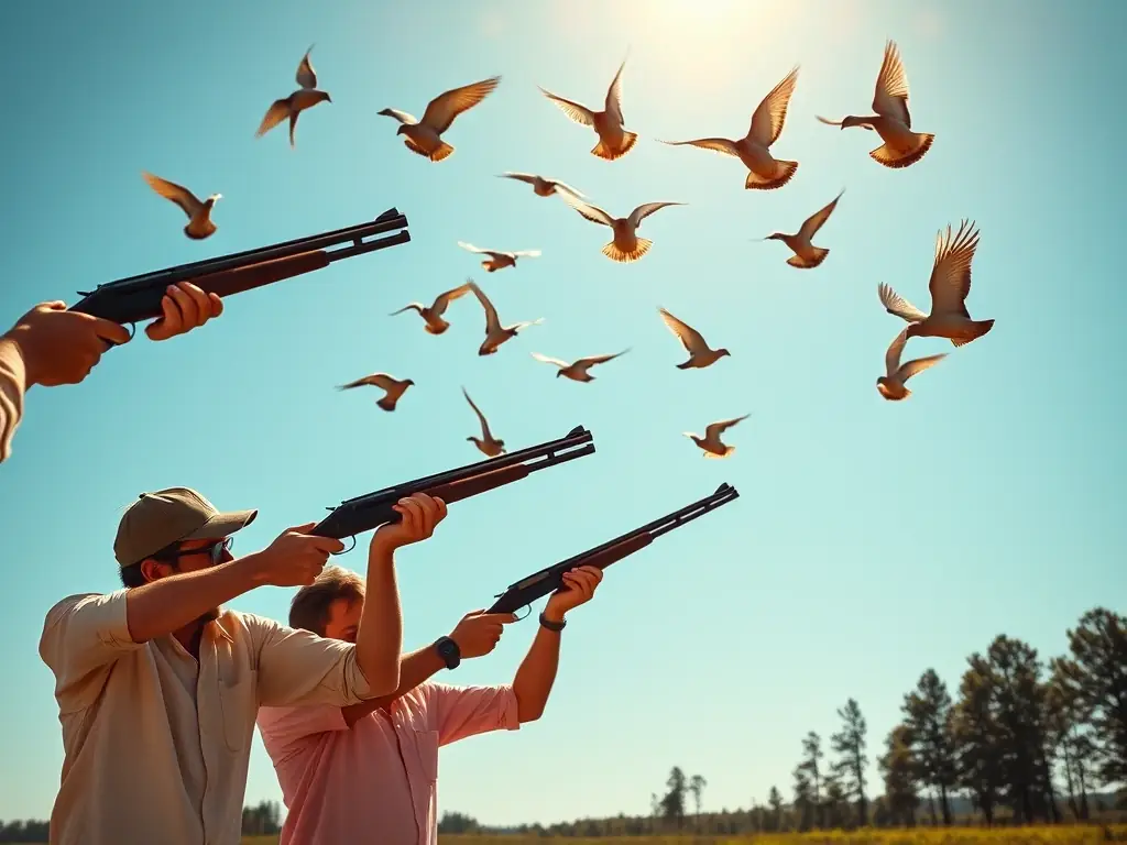 A dynamic image showcasing participants engaged in a shooting competition, highlighting the intensity and focus of the sport. The setting is a well-equipped shooting range with safety measures in place.