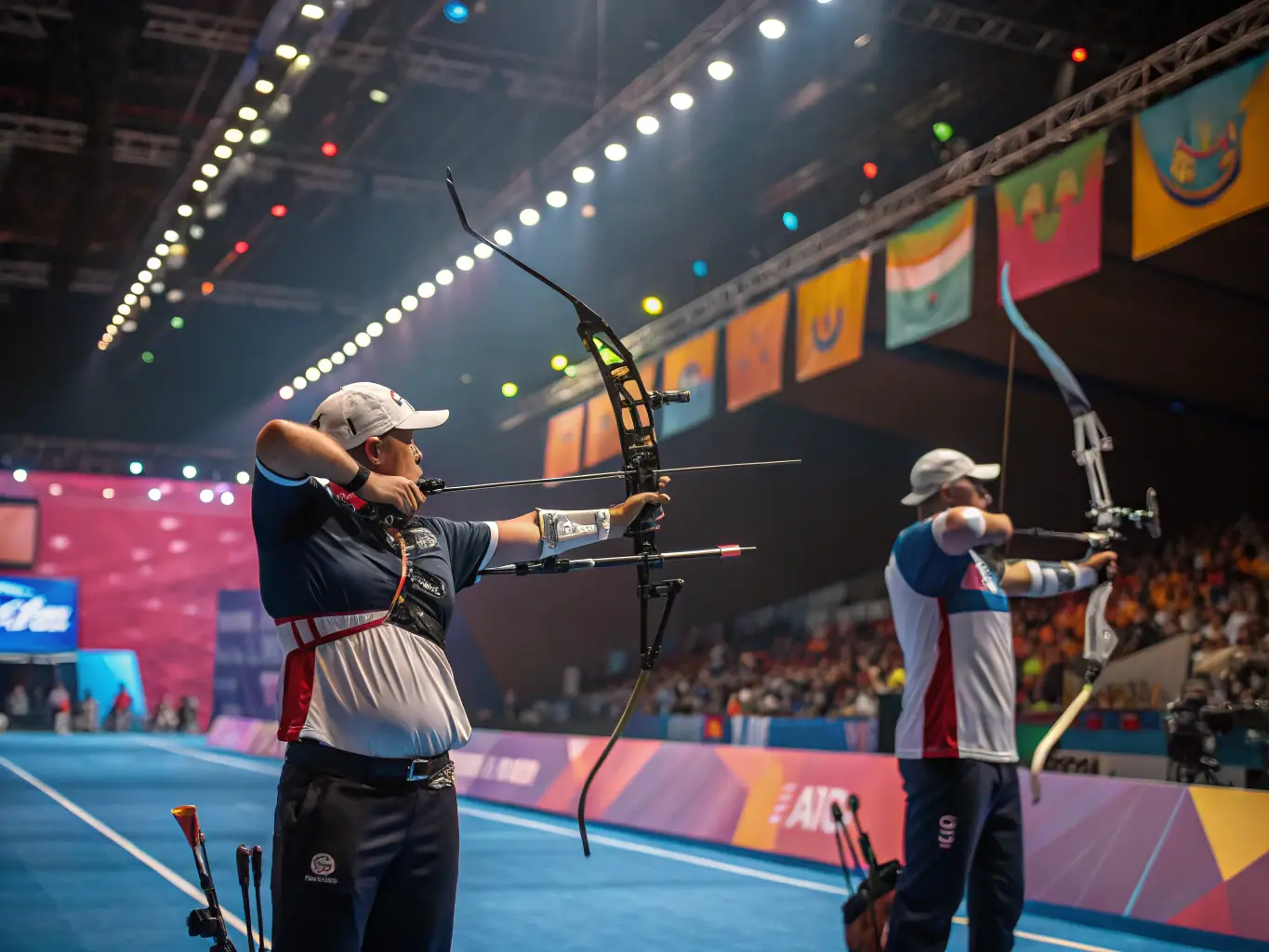 A dynamic image of shooters competing in a well-organized tournament, with safety gear and focused expressions, showcasing the excitement and precision of shooting sports.