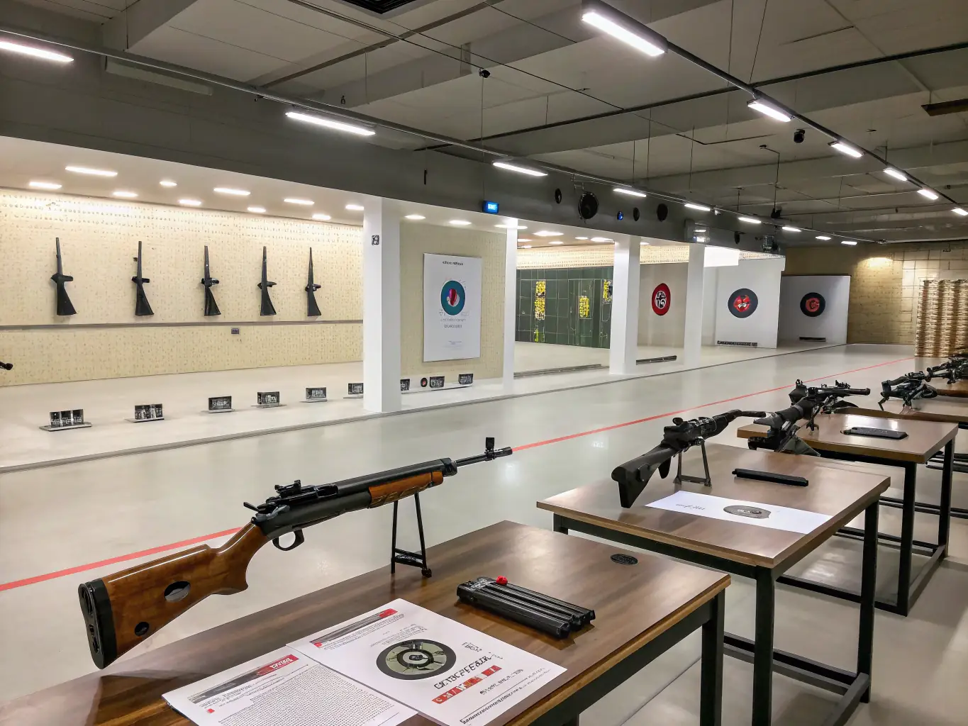 A dynamic image showcasing participants engaged in a shooting competition, highlighting the intensity and focus of the sport. The setting is a well-equipped shooting range with safety measures in place.