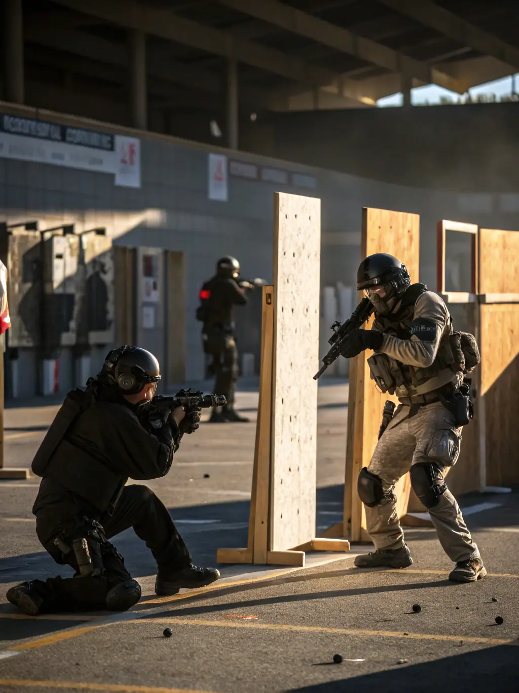 A dynamic image capturing the intensity of a shooting competition, showcasing participants aiming at targets with focus and precision.